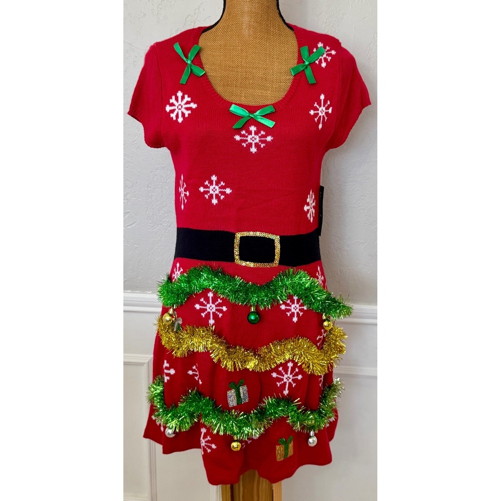 Allison Brittney Red Ugly Christmas Sweater Dress Tinsel Ornaments Women Medium
